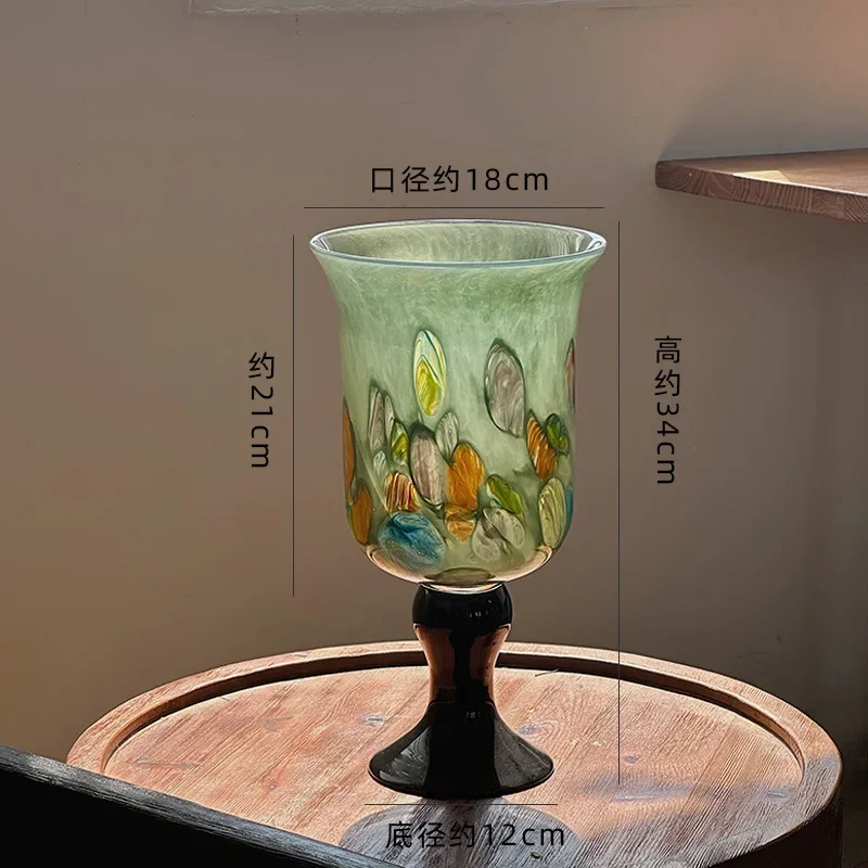 French tall glass vase, high-end sense, especially good-looking desktop decoration, glazed flower utensils, retro green flower