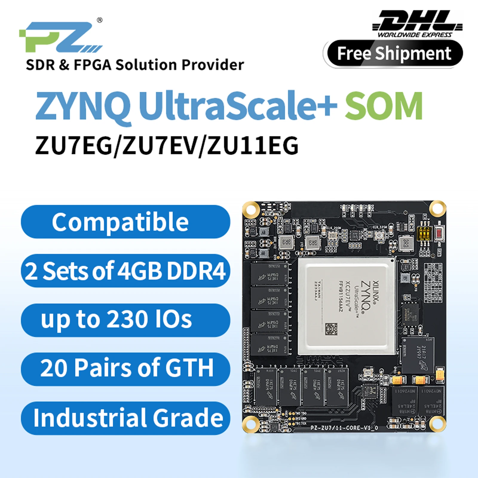 Puzhi ZU7EV-SOM FPGA 코어 보드, 자일링스 ZYNQ 울트라스케일 + MPSOC XCZU7EV FPGA 개발 보드, 산업용 등급