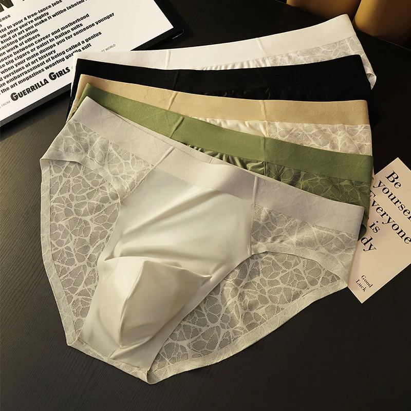 Seamless Jacquard Men Triangle Underwear Ice Silk Thin Breathable Panties Quick Drying Briefs Male Sexy U Bulge Pouch Underpants