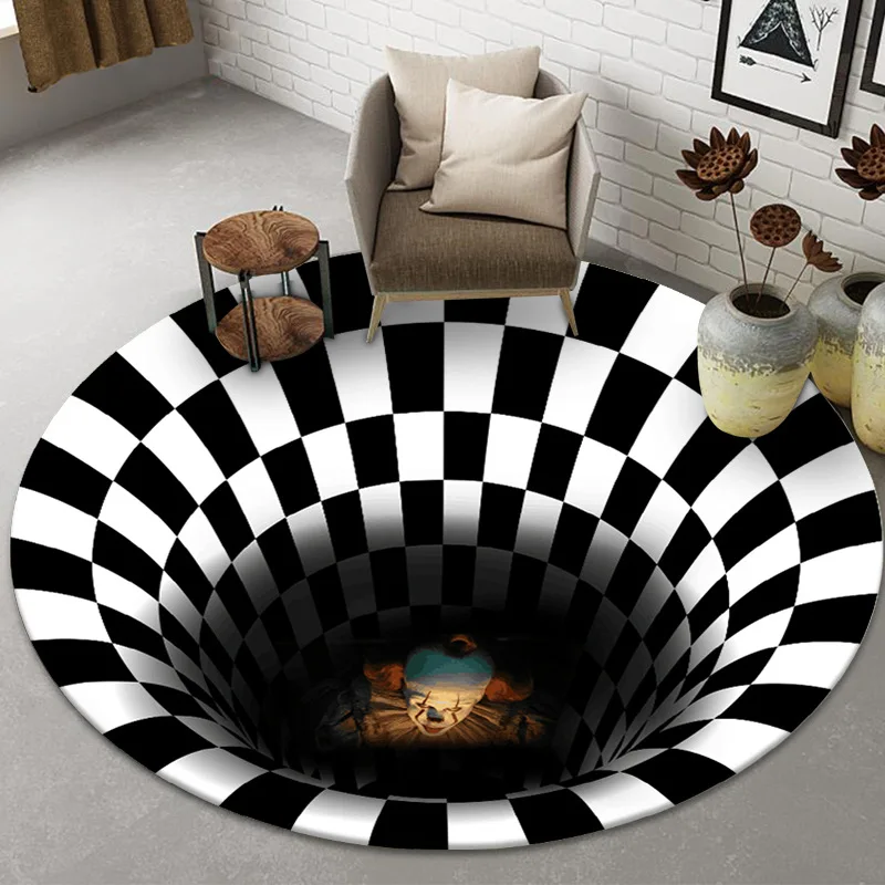 

Circular Carpet Clown Trap 3D Stereo Black and White Geometric Optical Illusion Carpet Living Room Bedroom Coffee Table Mat