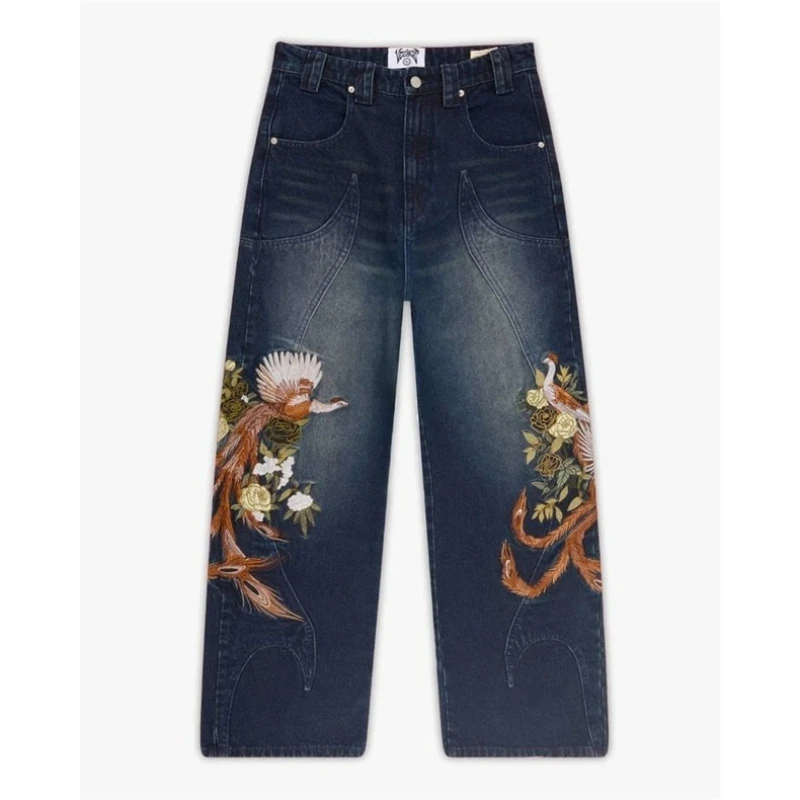 Vescartes زهر البرقوق المطرزة 2026 مستقيم الساق الجينز فضفاضة تناسب للجنسين متسابق السراويل المطرزة