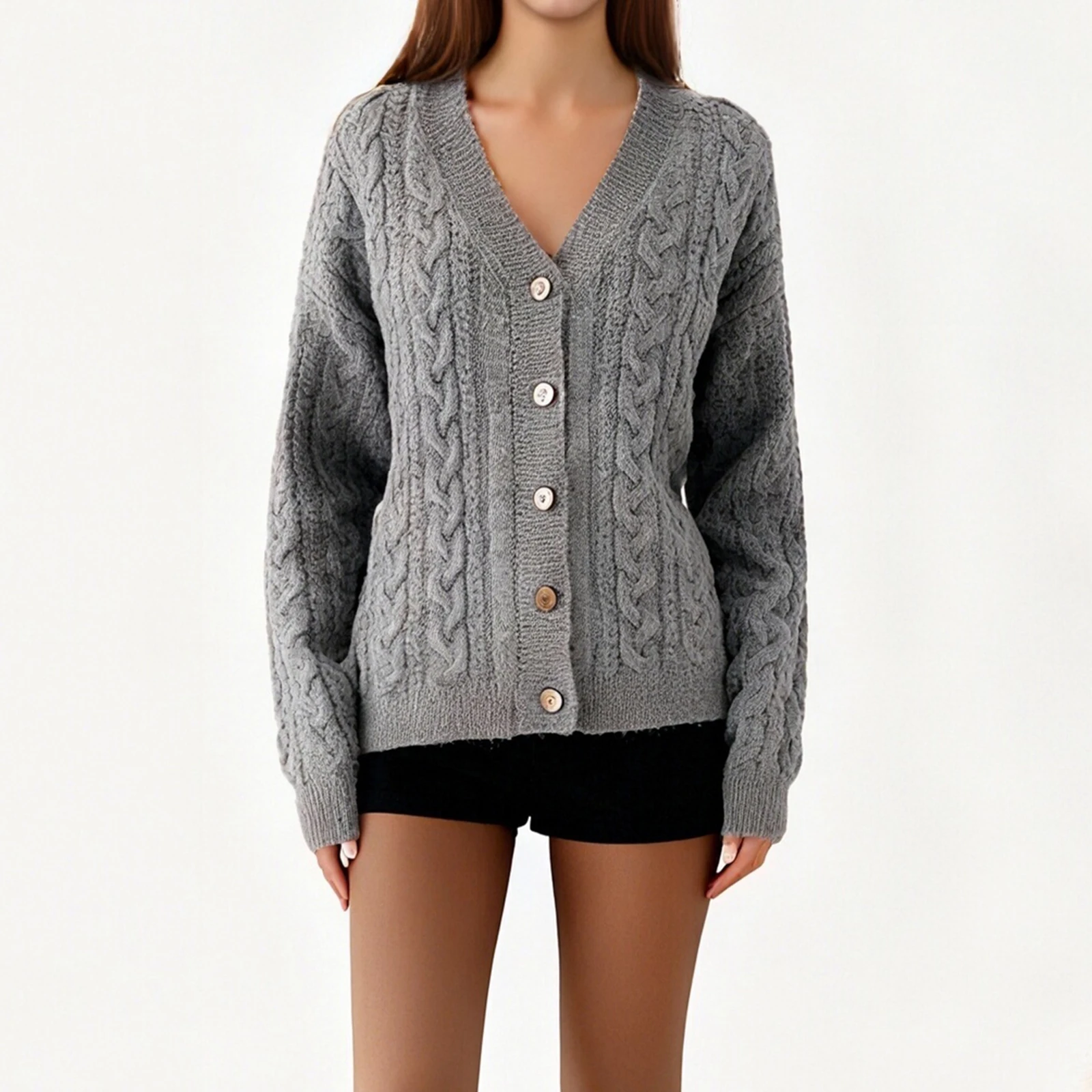 

Классический женский осенний свитер, кардиган с длинным рукавом и V-образным вырезом на пуговицах, однотонный трикотаж