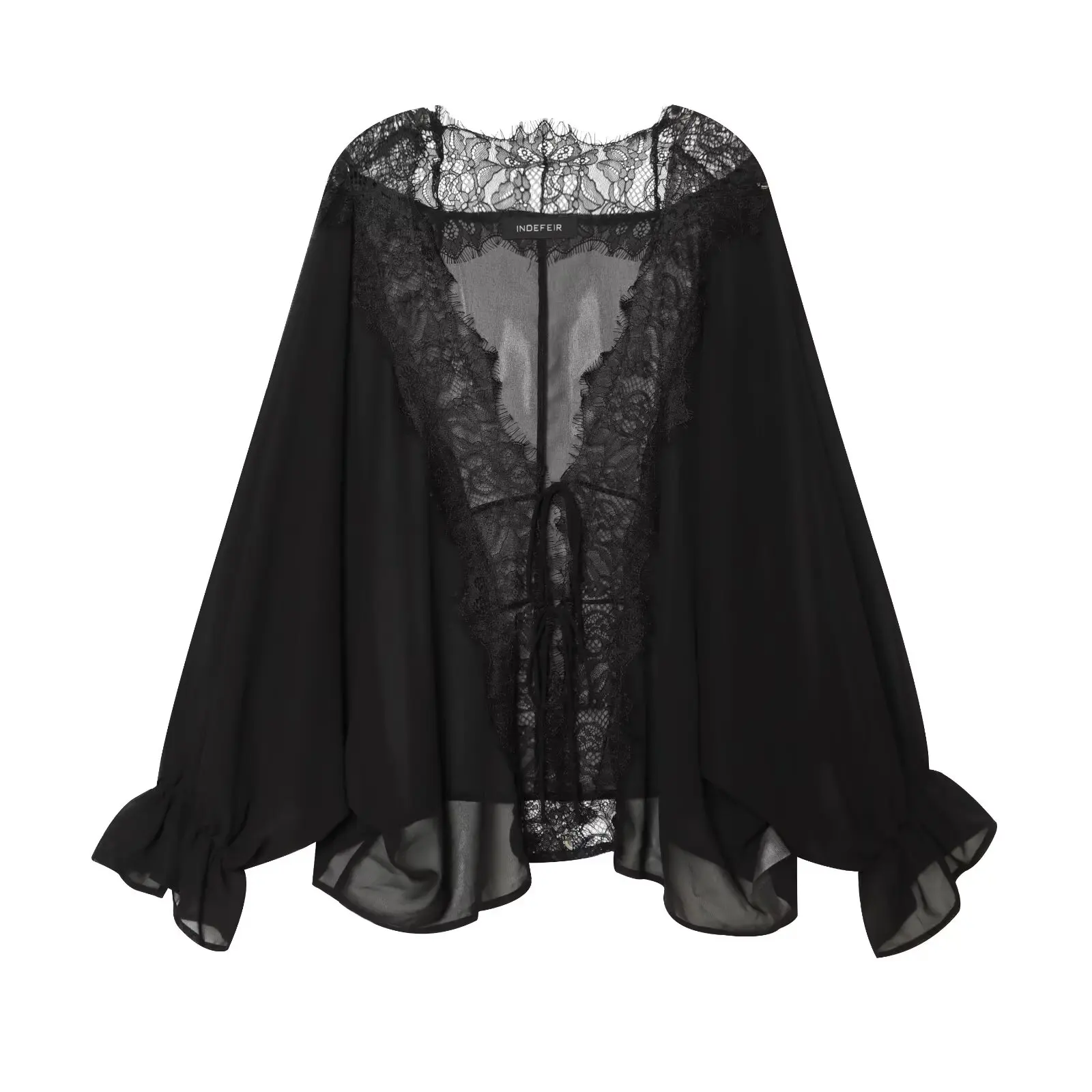 BSAY 2026 Vintage Damen Mode Transparente Bluse mit Spitzenbesatz V-Ausschnitt Vorderer Kordelzug Trompetenärmel Lässiges Strand-Sonnenschutz-Oberteil – Detail 5