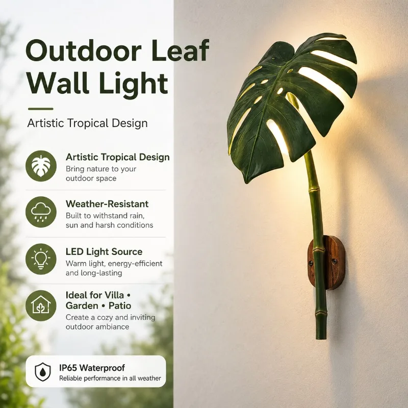 Monstera Leaf Outdoor Wall Light IP65 Waterproof LED Green Plant Sconce for Garden Villa Yard Porch Courtyard Outdoor Wall Light