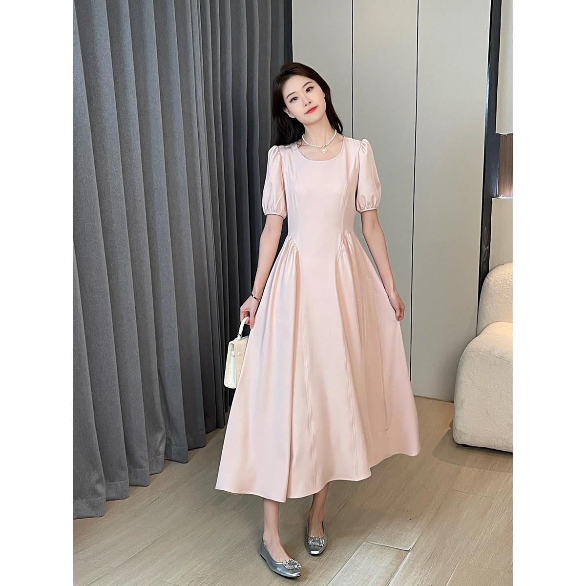 

Off Pink ort Sve Dr Women's 2025 Summer New Sle Elegance Small Size Dopane Gather High Waist Korean Version