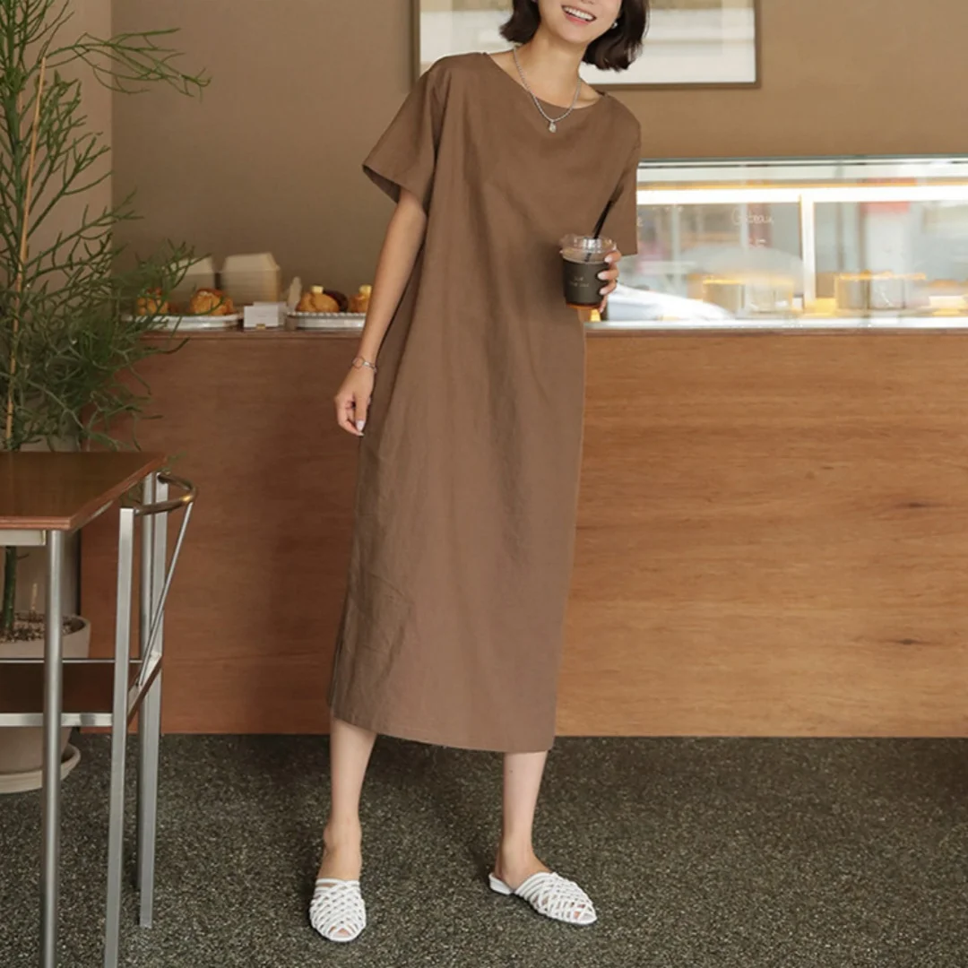 

Casual Commuter 100% Cotton Midi Dresses A-Line Short Sleeve Simple Style Loose Soild Dress Summer Vacation Sundress Female Robe