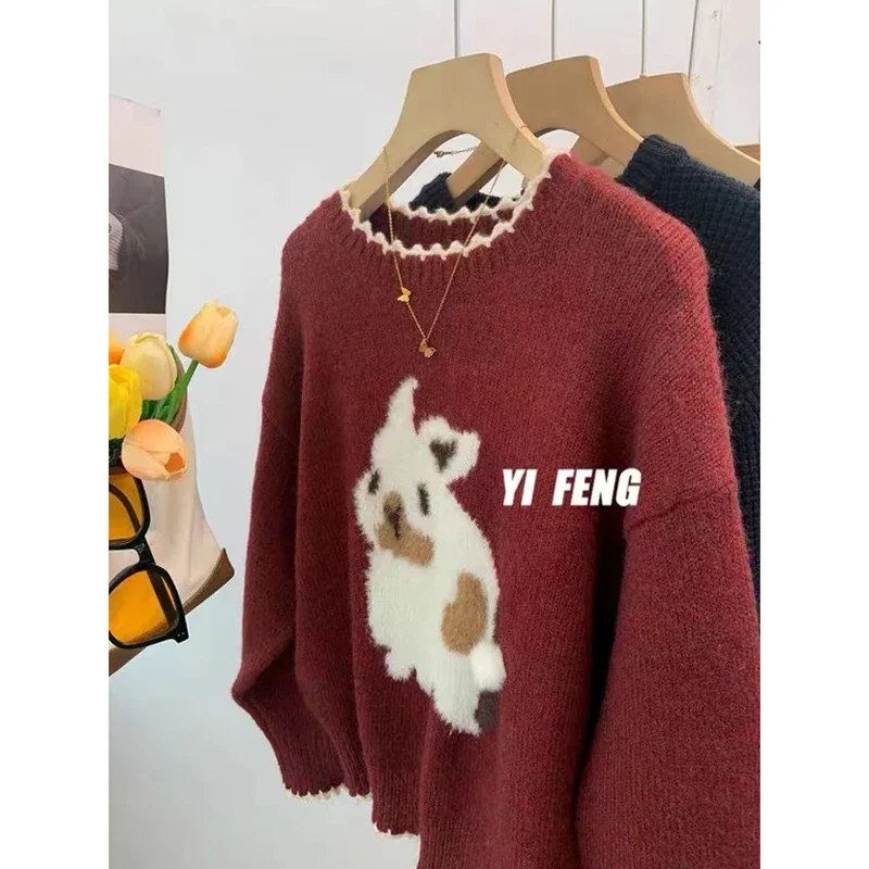 Vintage Sweet Rabbit Flocking Sweater Winter Loose Round Neck Long Sleeve Pullover Women Casual Fashion Sweater Streetwear Tops