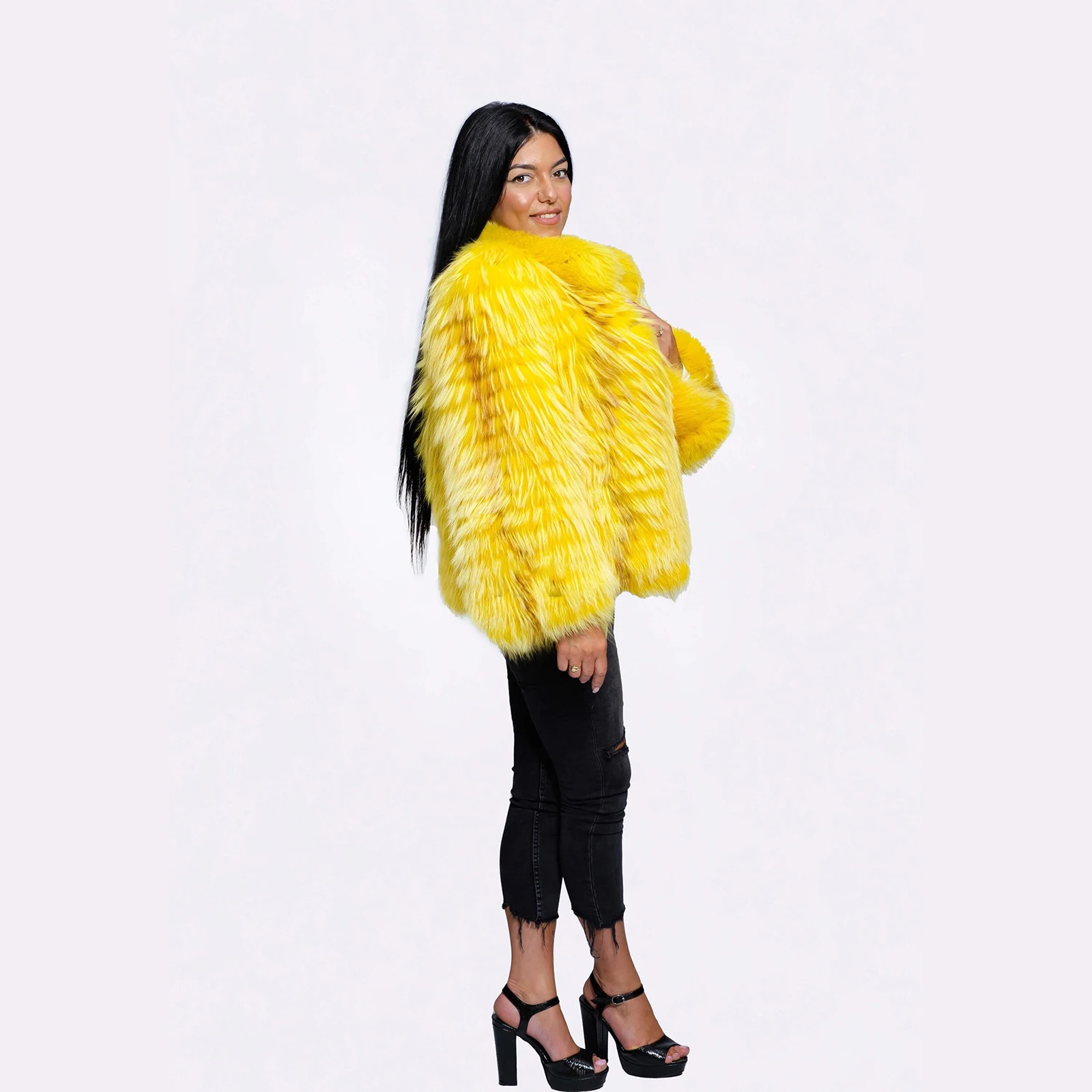 Casual Woman Yellow Natural Fox Fur Jacket Lapel Collar Winter Fashion Whole Skin Genuine Fox Fur Coat Female Outwear Trendy