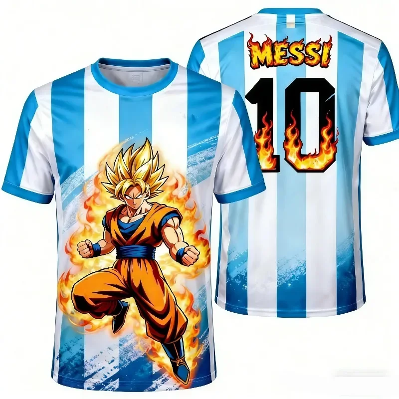 Dragon Ball Z Goku x Messi Argentina 3D All Over Print Breathable Hip Hop T-Shirt Anime Streetwear Unisex Short Sleeve