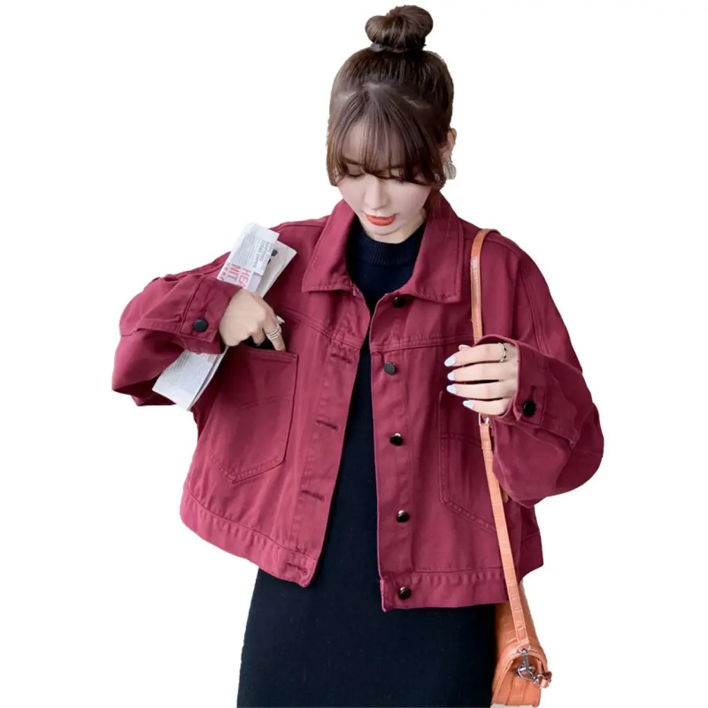 

Women's Small Red Crock Jacket Korean Style Cardigan Denim Top European Station Autumn New