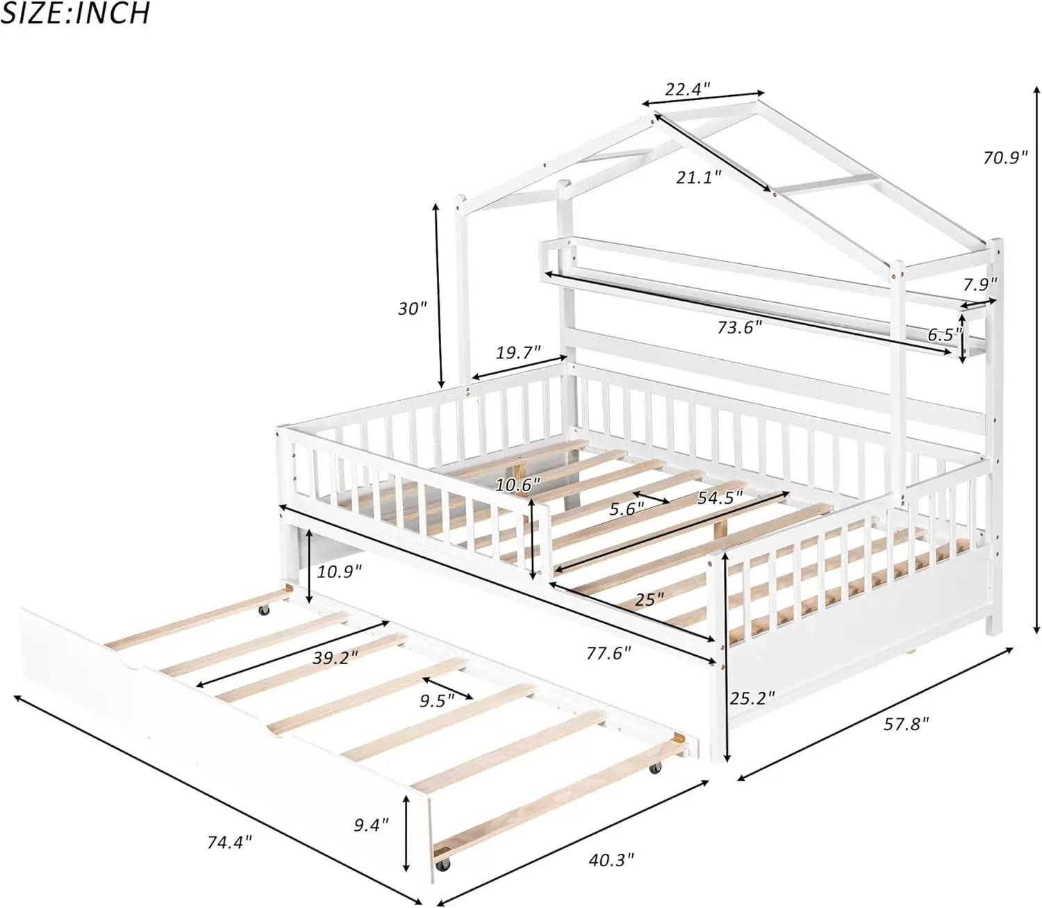 Harper & Bright Designs Full House Bed With Trundle, Wood Full Kids Bed Frame With Shelf, Full Size House Bed For Kids With