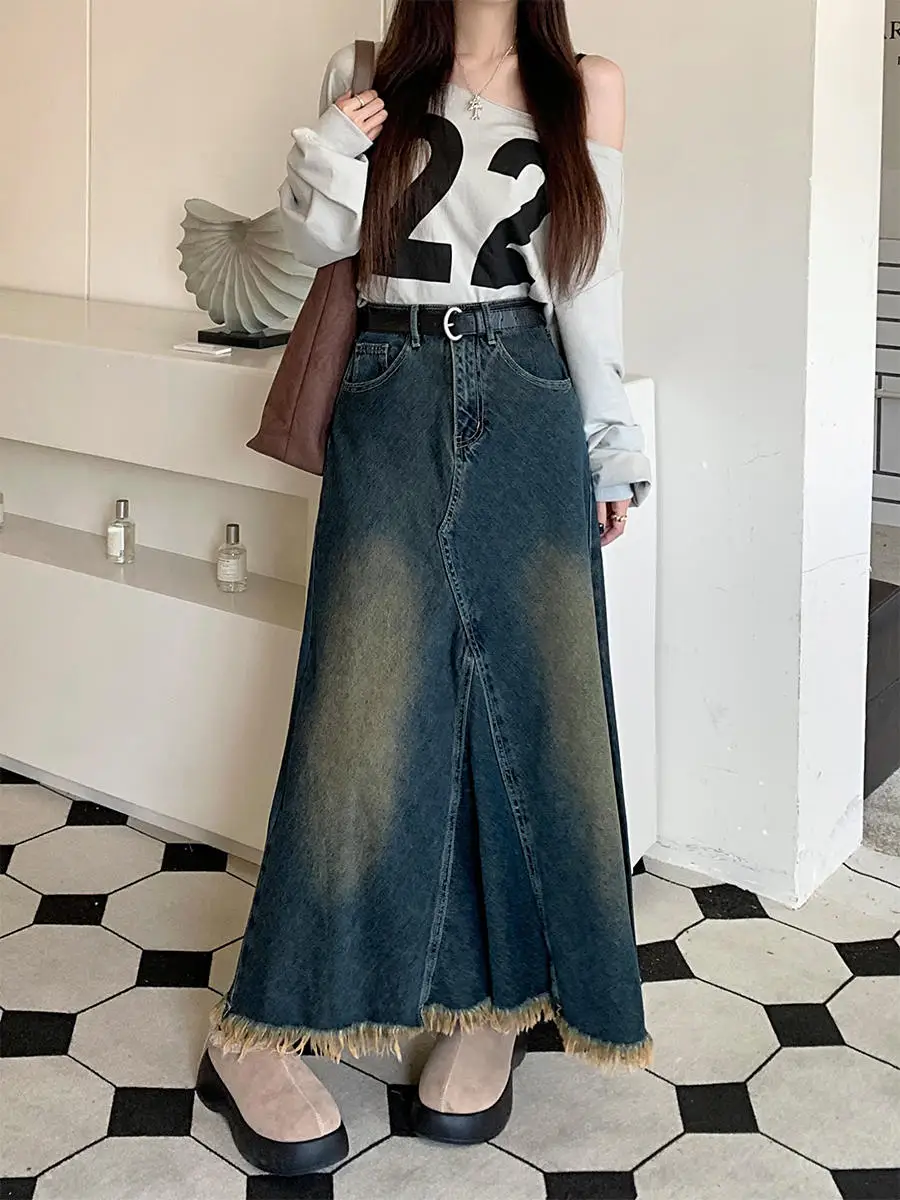 

Retro Tassel Rough Edge Denim Skirt High Waist Loose A-line Long Skirts 2024 Early Autumn Fashion Versatile Casual Denim Skirt