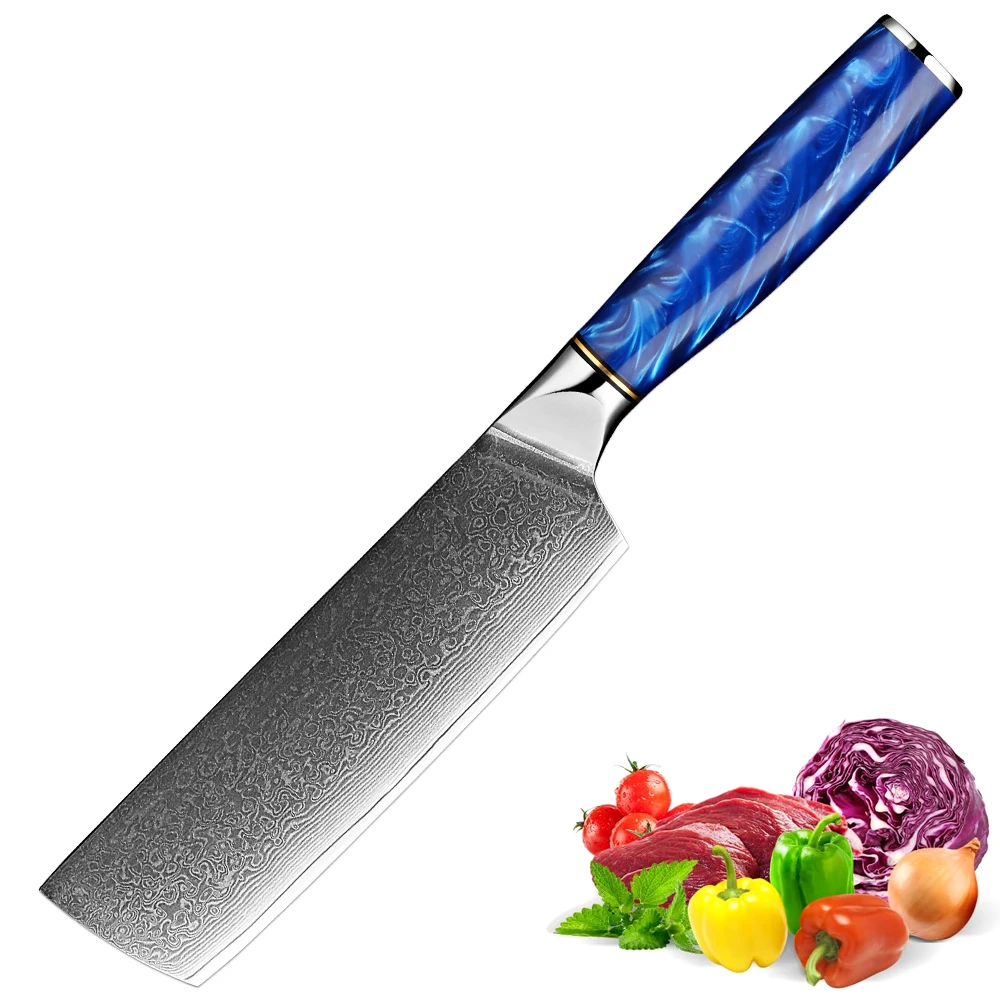 

Damascus Steel Nakiri Knife 7 Inch Chinese Vegetable Knife Kitchen Slicing Knife Meat Vegetable Cleaver Knife Blue Resin Handle