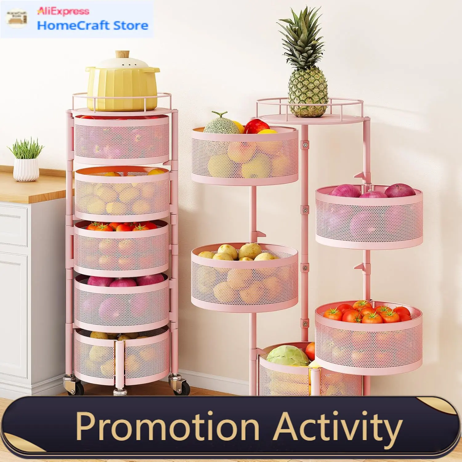 

Rotating Kitchen Fruit Vegetable Rolling Cart With Five Tier Metal Wire Wheels Top Lid Pink