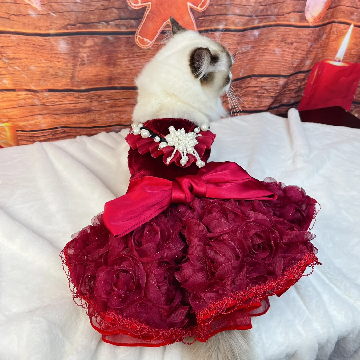 Vintage Wine Red Pet Dog Clothes Party Dress Fashion Handmade Rose flower Pearl Bow Princess Dress For Small Medium Dog Poodle