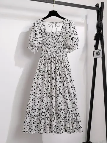 Spring Summer Chiffon Dresses Fashion Female Elastic Waist Short Sleeve Pleated Casual Dress Women A-line Dresses Vestidos