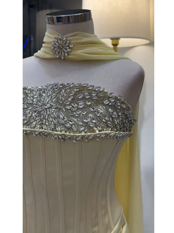 Exquisite Pale Yellow Crystal Party Dress With Shawl Pleated Mermaid Dress Dubai Style Formal Dresses Customization Available TJ