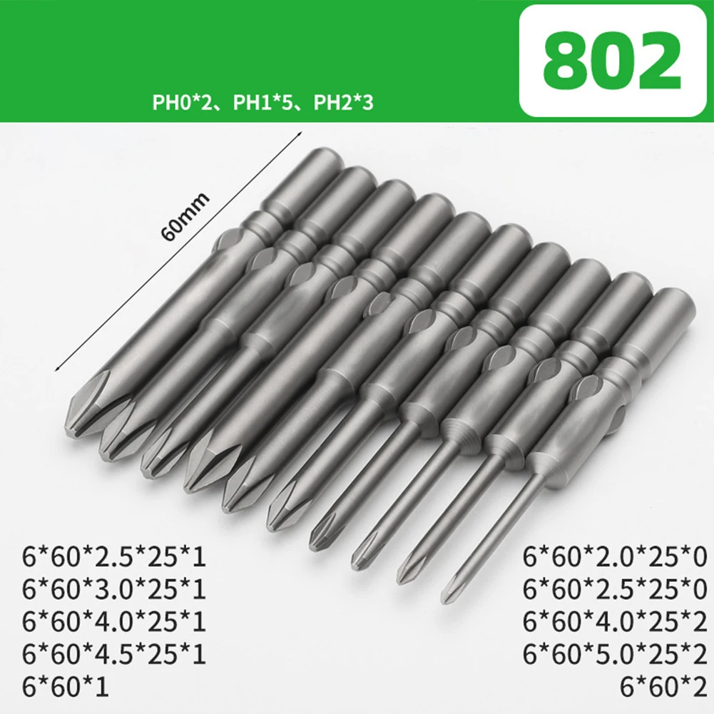 10pcs/Set Screwdriver Bit 60mm PH0 PH1 PH2 For 802 Electric Cross Magnetic Screwdriver Bit Magnetic ImpactDriver