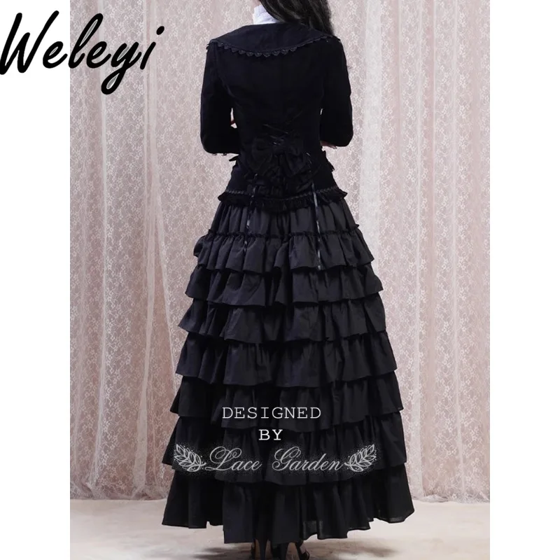 Lolita Sets Retro Velvet Ruffle Edge Suit Coat for Women 2024 Winter New Sweet Black Multi-layer Long Big Swing Skirts Female