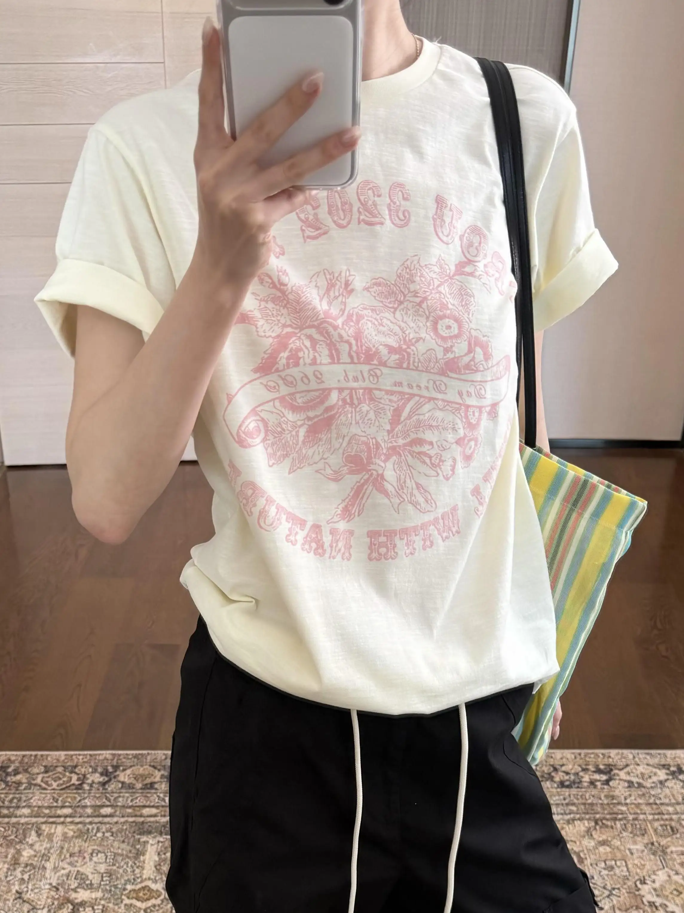 

Comfortable Cotton Bamboo Rayon Women's T-shirt Short Sleeve Printed Slim Fit Casual Style round Neck Top Soft Breathable