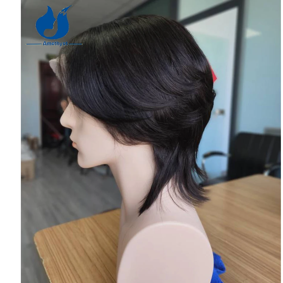 

Предварительно стильный мужской парик Mullet с аметистом, волчья стрижка, натуральные волнистые слои, средняя часть, человеческие волосы Remy, короткая стрижка, предварительно выщипанные для мальчиков