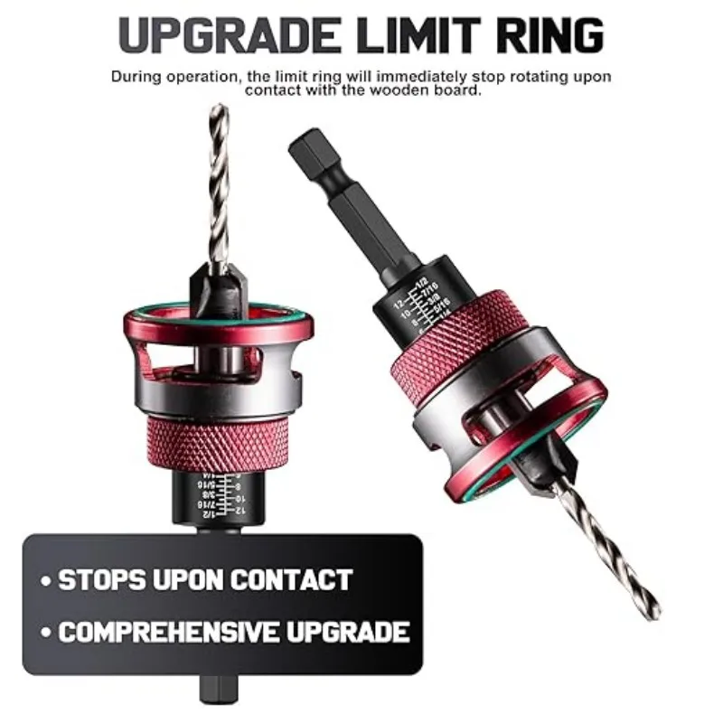 5pcs Countersink Drill with Depth Stop M2 Pre-Drill with Ball Bearing 1/4 Inch Hex Shank Precise Countersink Wood for Workshop