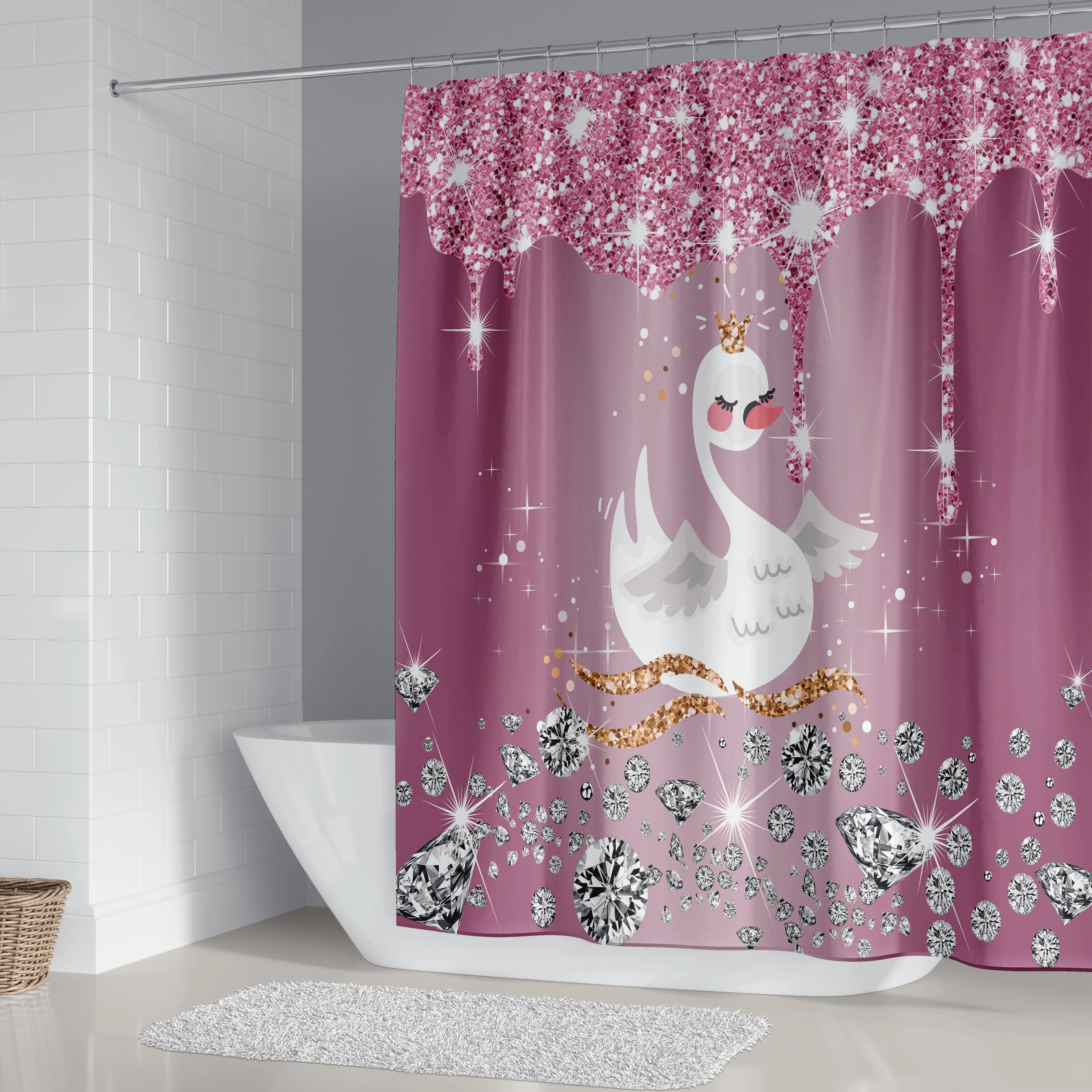 1PC Pink Diamond Crown White goose pattern home decoration Shower curtain Shower room partition curtain 12 plastic hooks 71x71 i