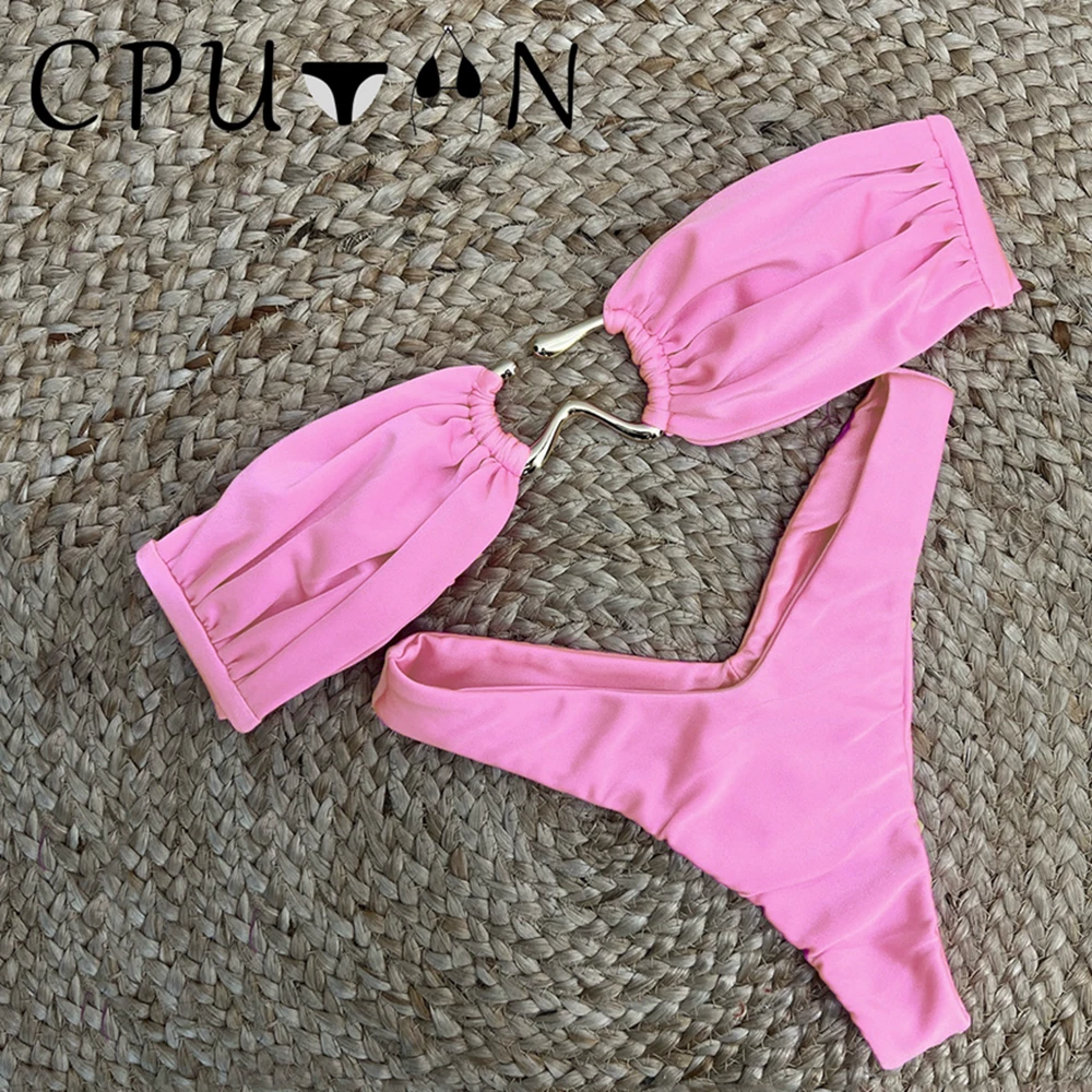 CPUTAN 2024 Push Up Bikini Set Sexy Halter Two Piece Swimwear Biquini Swimsuit Summer Brazilian Bathing Suit Beachwear Solid