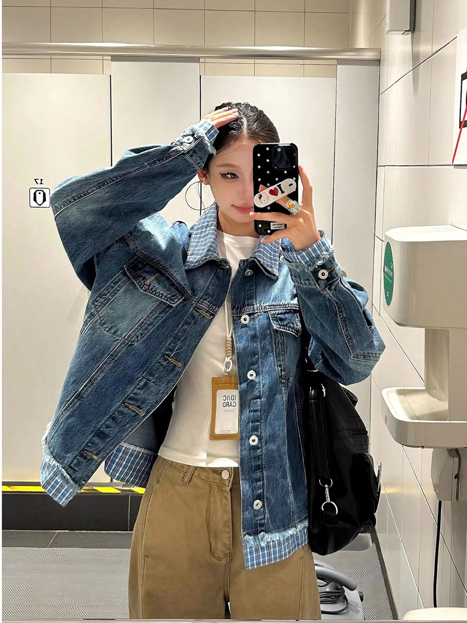 

American Retro Plaid Splicing Fake Two-Piece Denim Jaet Loose ex Spring Autumn Cleanfi Couple's Jaet Polyester Cotton...