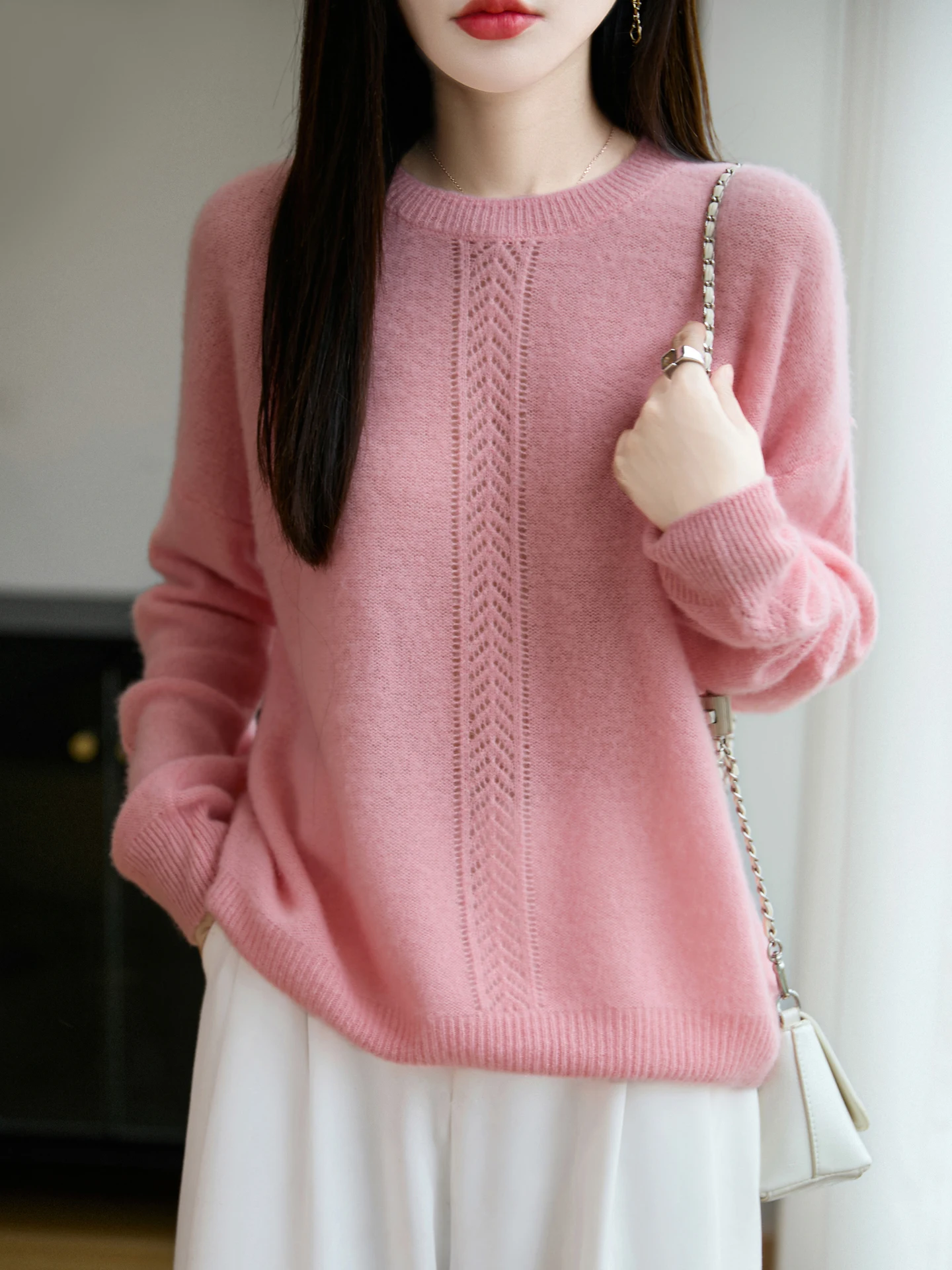 Autunno Inverno Donna Girocollo 100% Lana Merino 7 Aghi Caldo Addensato Singolo Ptrato Verticale Hollow Texture Pullover Maglione