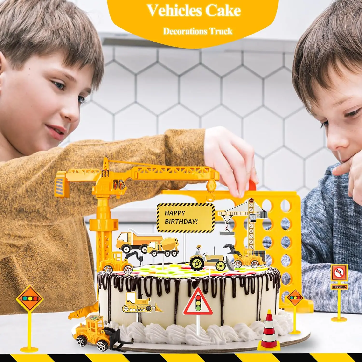 Bau-Kuchenaufsatz, LKW, Bagger, Turm, Kranich, Cupcake-Aufsatz, Verkehrs- und Straßenschild, Dekor, alles Gute zum Geburtstag, Partyzubehör – Detail 4