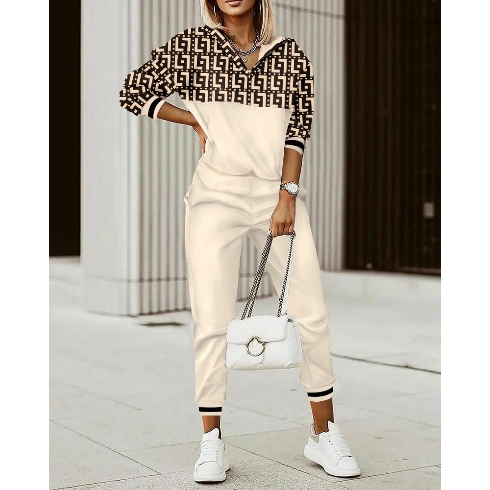 

Korean Style Women Geometric Print Long Sleeve Top & Skinny Pants Set Casual Femme Two Pieces V Neck Sweatshirt Sets Sporty wear