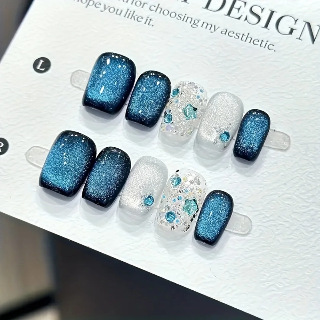 10 pçs high-end olhos de gato azul brilhante unhas falsas artesanais, luz luxo azul curto remendo de decoração de unhas femininas