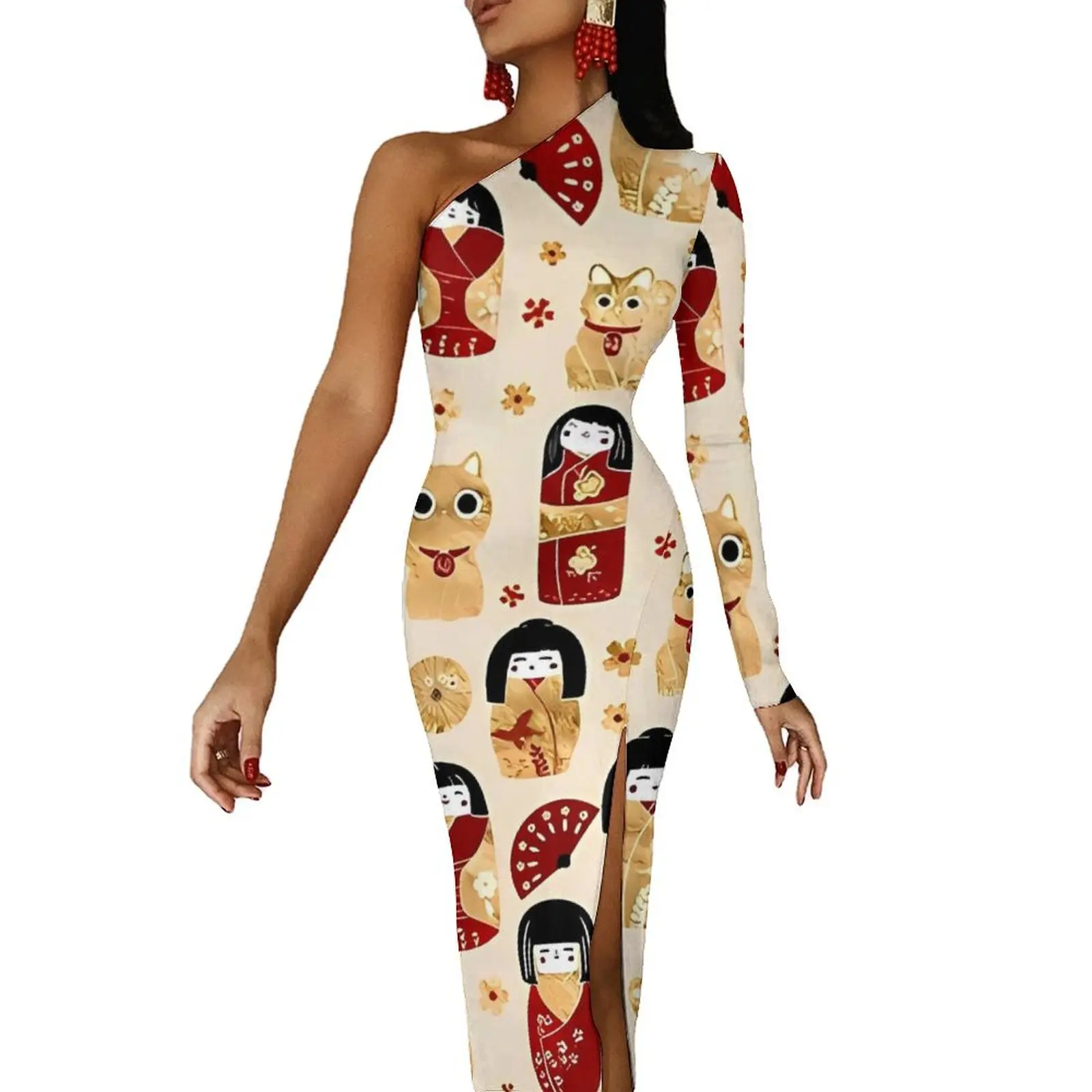 Japanese Dolls Maxi Dress One Shoulder Kokeshi and Maneki Neko Cats Night Club Bodycon Dress Spring Street Wear Long Dresses