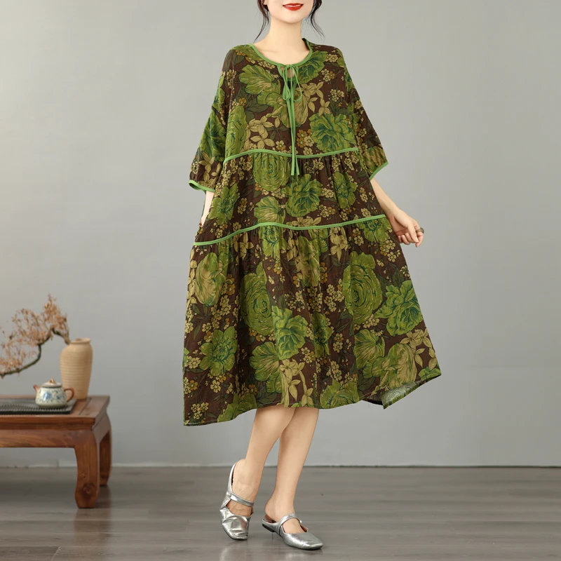 

Summer Large Size Cotton Linen Print Collar Rope Loose Slimming Versatile Dress Artistic Style High Waist A-Line Skirt