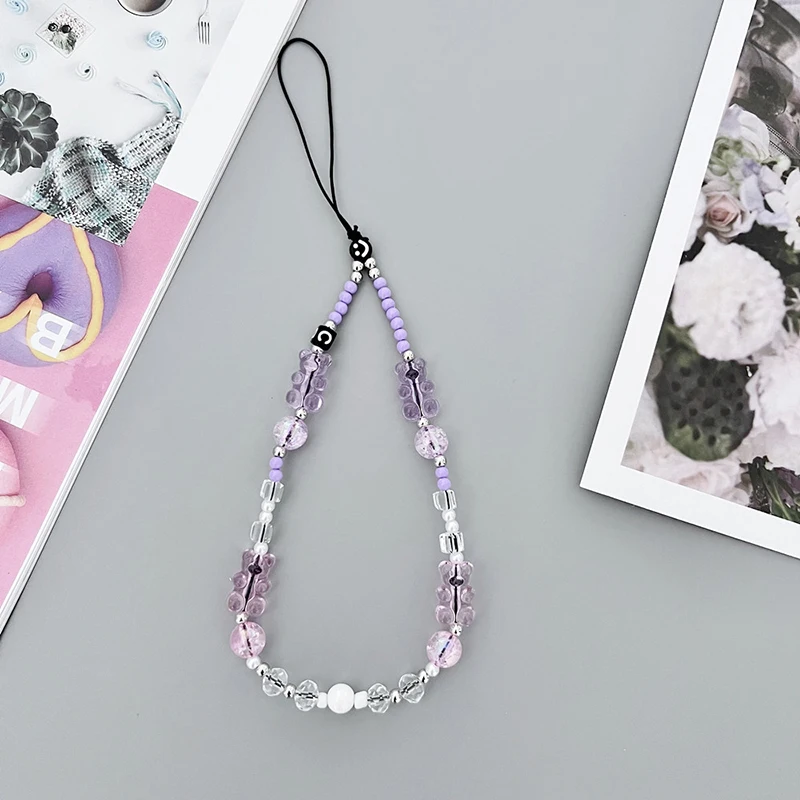 Cordão de celular vintage artesanal para mulher, charme bonito, pulseira de pulso chaveiro pingente de urso cogumelo para menina, presente