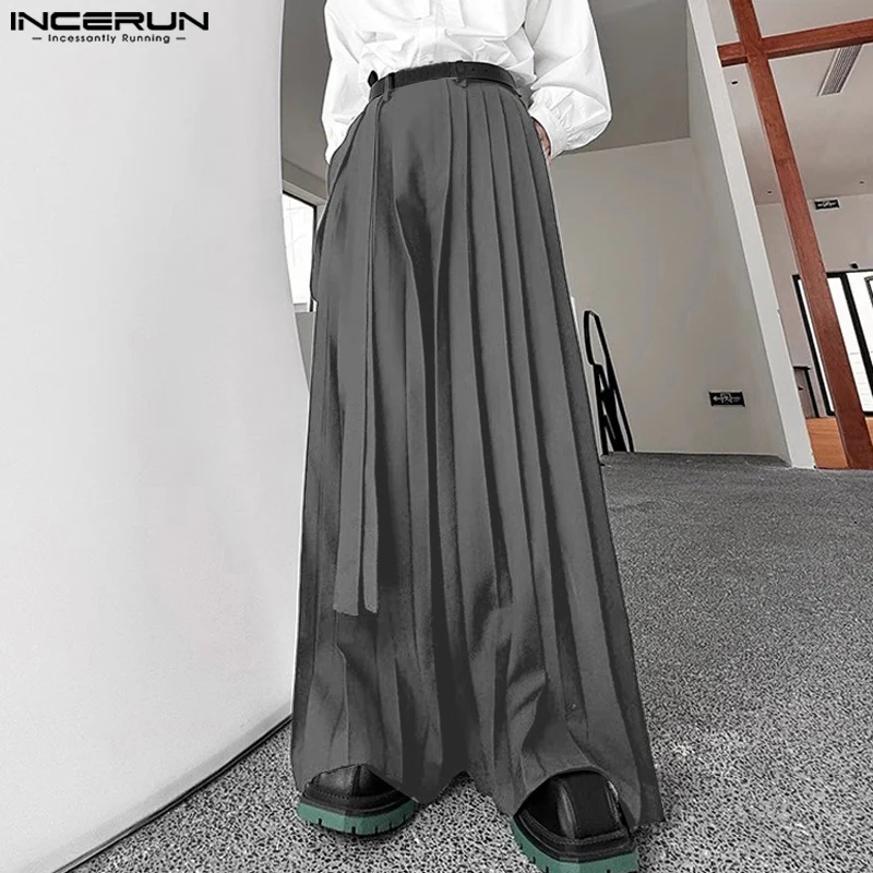 INCERUN 2024 Korean Style Stylish PantalonsMen's Pleated Pressed Design Long Pants Casual City Walk Male Double Ribbon Trousers