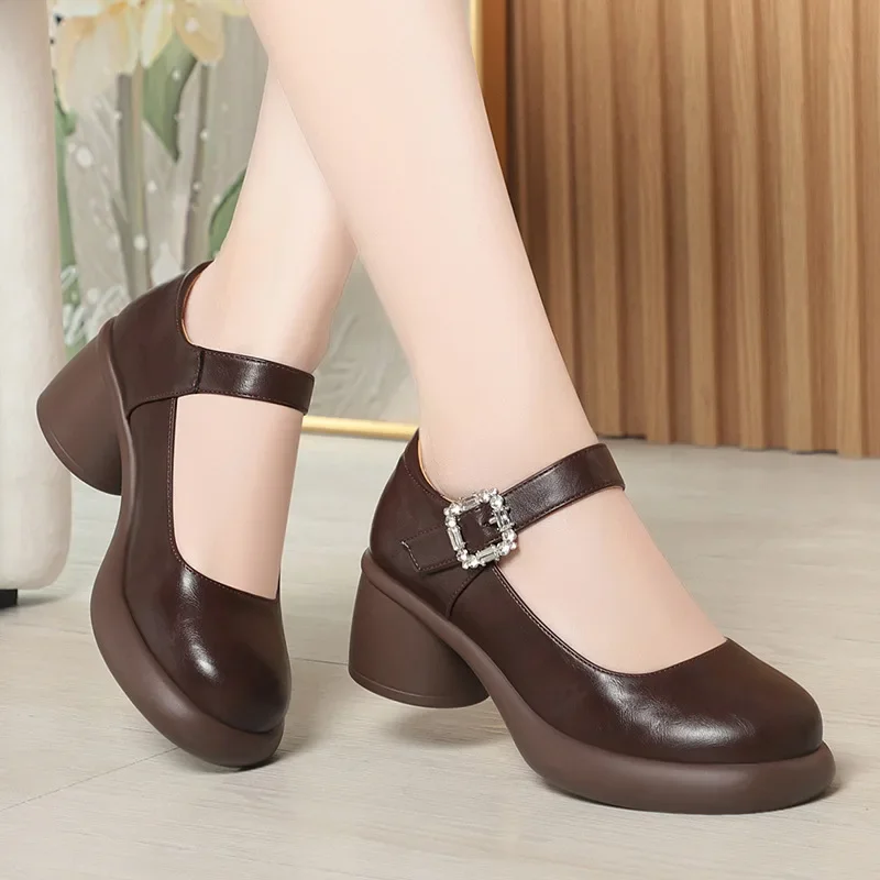 5.5 سنتيمتر الرجعية الفم الضحلة تنفس الجلود الناعمة ماري جينس أحذية منصة 2025 الخريف كتلة الكعوب أحذية مكتب أمي فستان يوميا