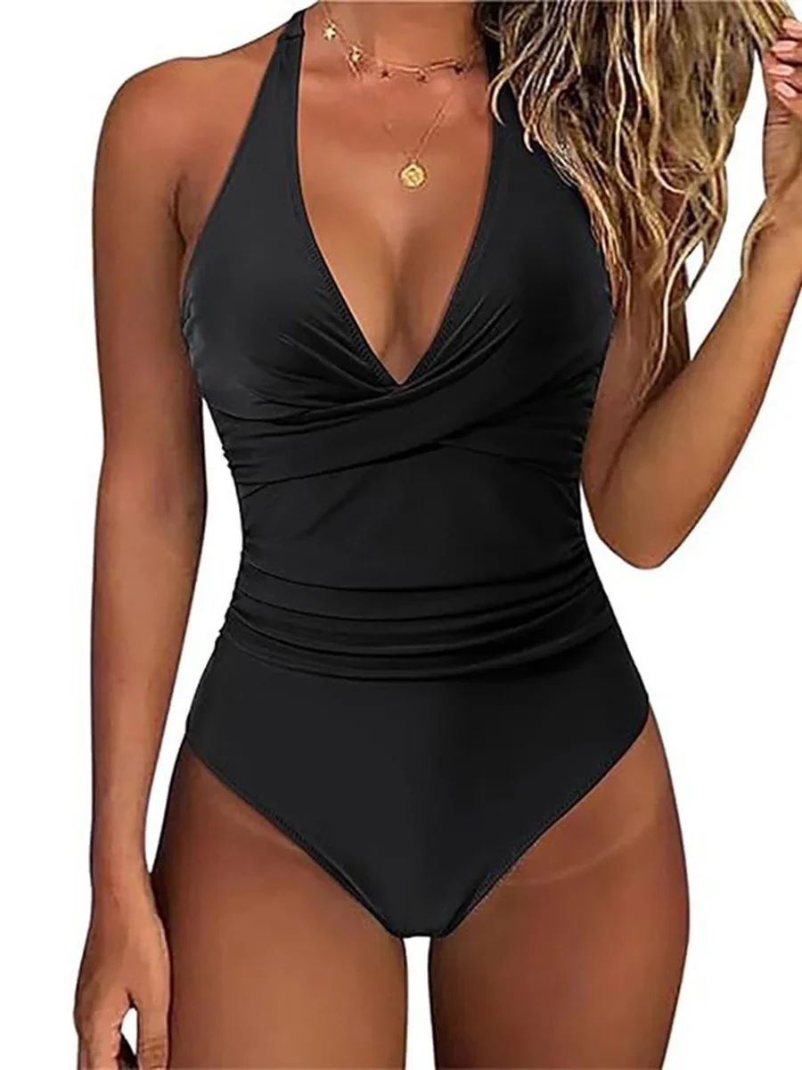 2026 New Wrinkled Halter V Neck One Piece Swimsuit Women Swimwear Female Monokini Backless Bathing Suit Swim Beachwear Bodysuit