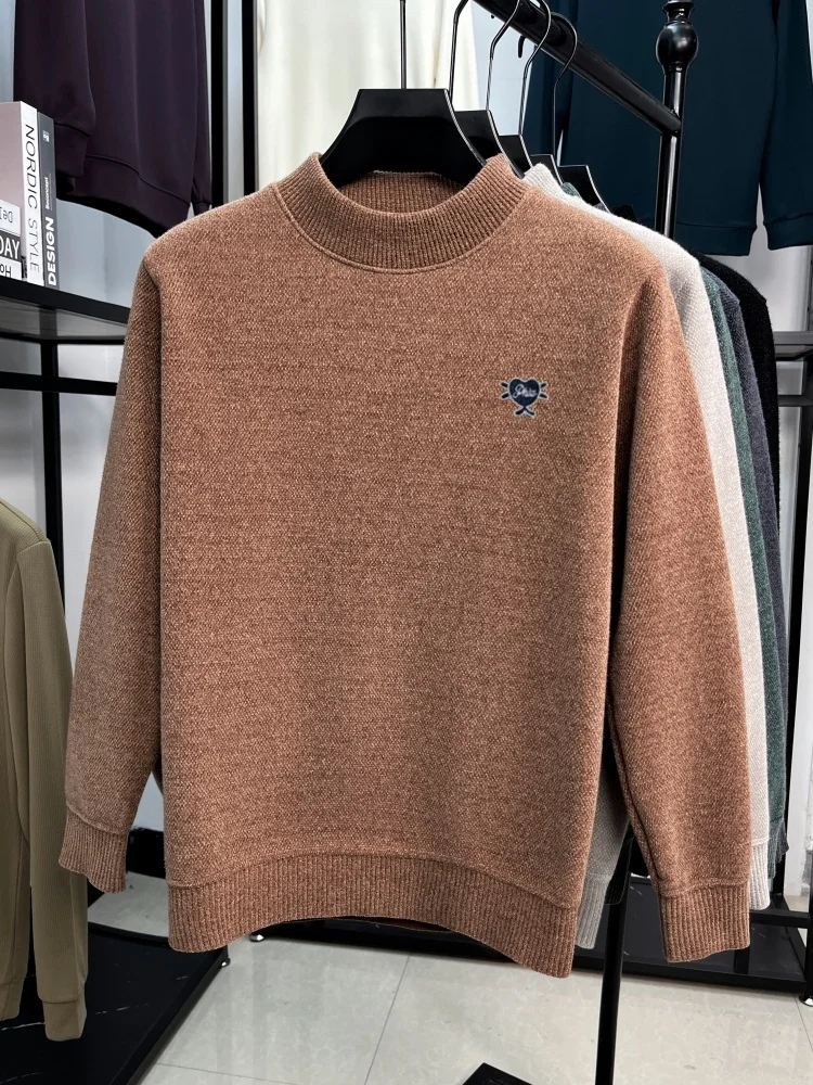 Light luxury brand men's round neck long sleeved warm sweater winter new fashion heart-shaped embroidery top boutique pullover