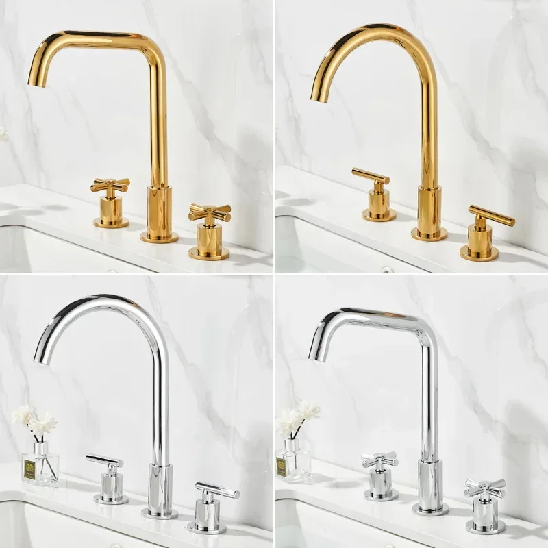 Golden three-hole hot and cold faucet split all-copper European three-hole washbasin faucet washbasin double handle