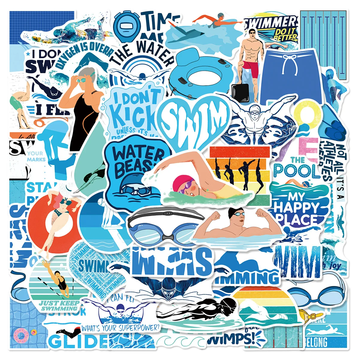 50 Stück coole Sommer-Sport-Schwimm-Aufkleber zum Selbermachen, für Telefon, Laptop, Gepäck, Skateboard, wasserfest, Graffiti-Aufkleber, lustig