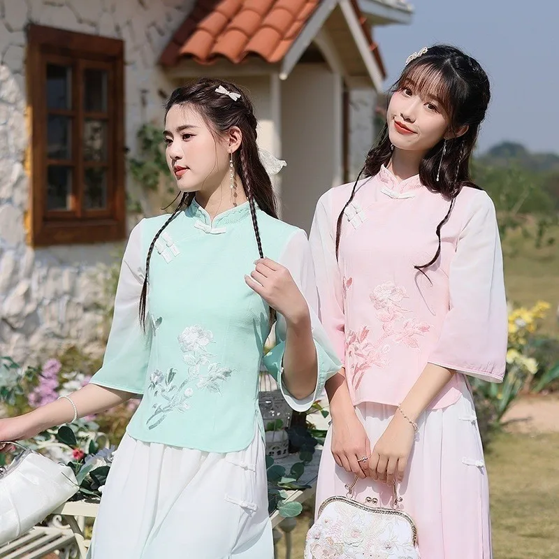 

Summer Large Size Set Traditional Chinese Sle Embroidered Slimming Top adual Color Cotton Material