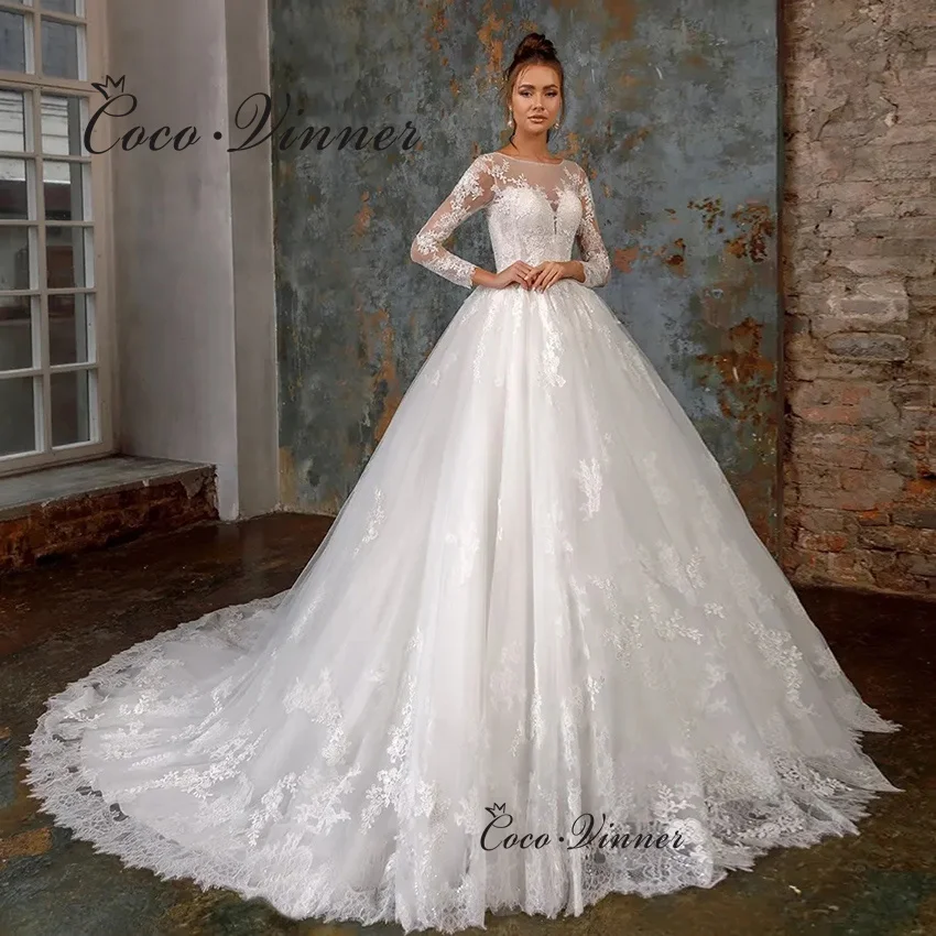 

Customized Pretty Lace Appliques South America Fashion Wedding Dresses Ball Gown Full Sleeves Button Back Bridal Gown W1355