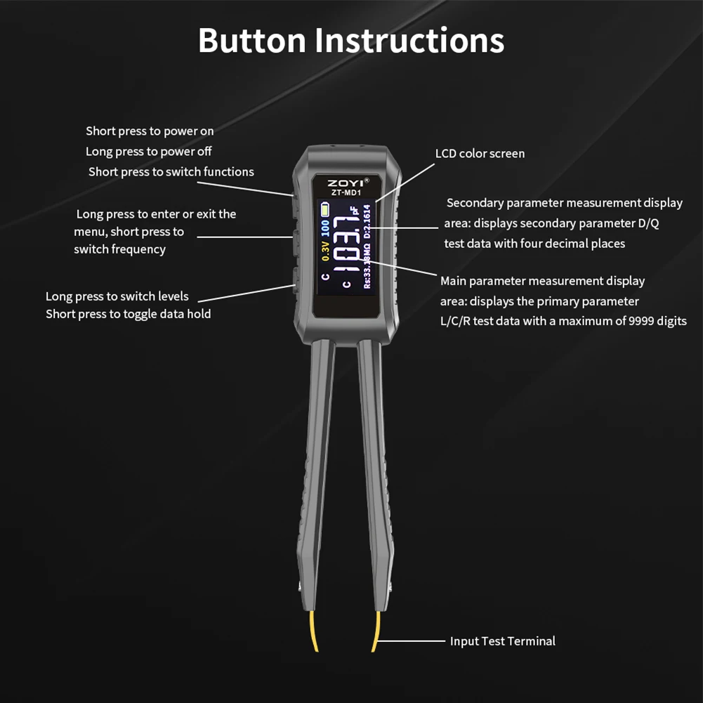 ZOYI ZT-MD1 Mini Digital Tweezer LCR SMD ESR Tester Resistance Capacitance Inductance Continuity Diode Test Measurement Tools