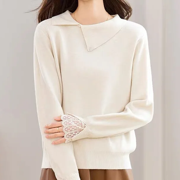 

Korean Sle Lace Splice Knitted Top Women's Autumn Winter New Faion Casual Commute Long Sve Knitwear Loose Fit
