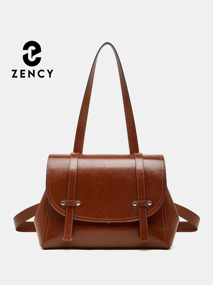 Zency Retro Women's Oil Wax Leather Messenger Bag Shoulder Convertible Backpack Large Capacity Ladies Bags 2026 Fashion