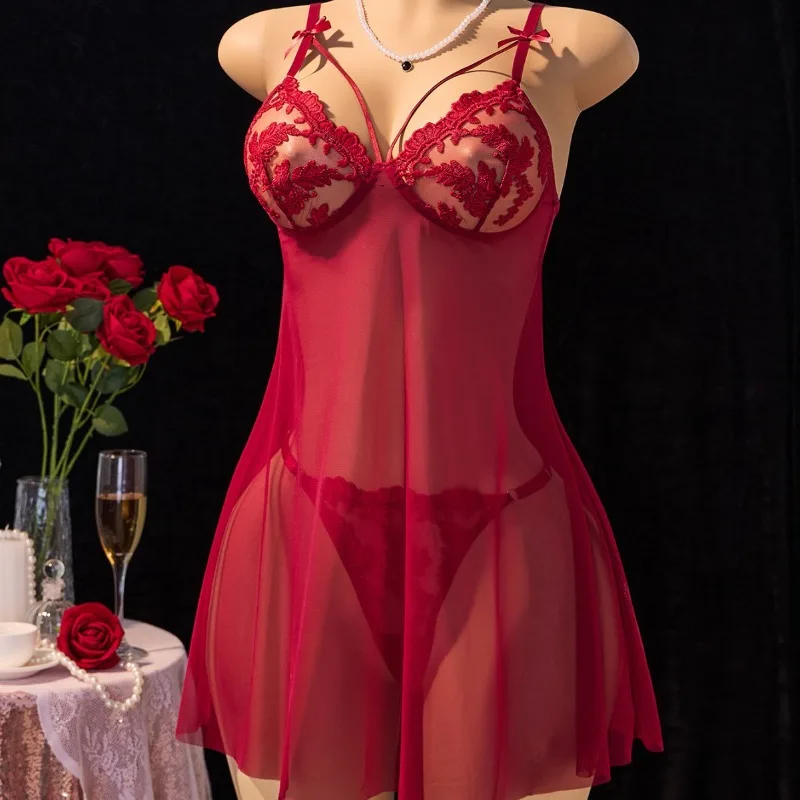 European and American sexy nightgown ultra-thin see through suspender, popular breathable pajama for women