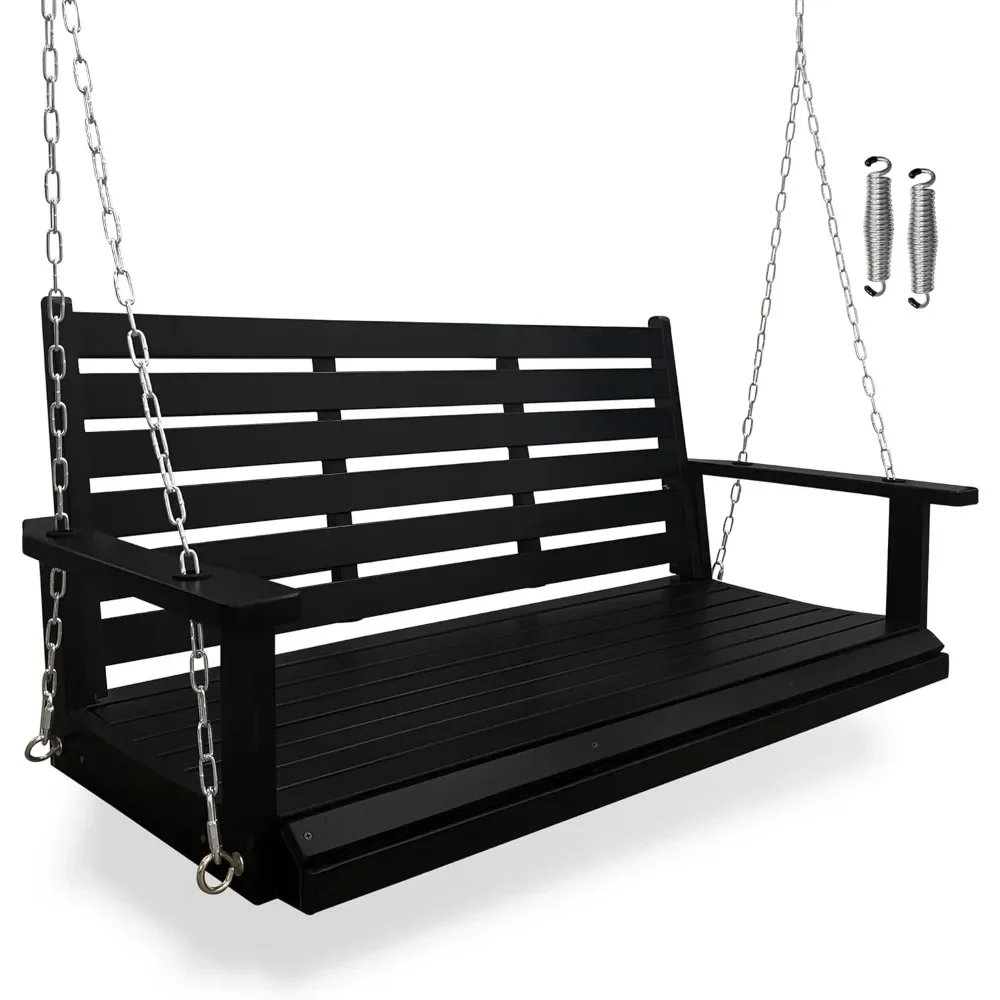 Wooden Porch Swing 2-Seater, Ergonomic Seat, Bench Swing with Hanging Chains and 7mm Springs, Heavy Duty 880 LBS, for Outdoor