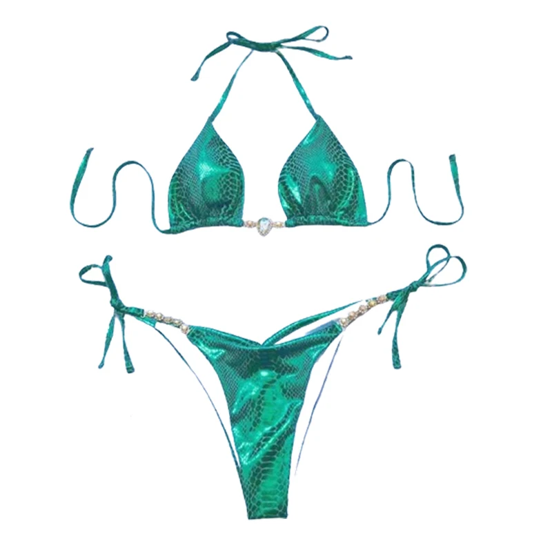 Women's Green Snake Print Rhinestone Bikinis Sets Summer Beachwear Sexy String Bikini Female Swimwear Suit Bandage Swimsuit